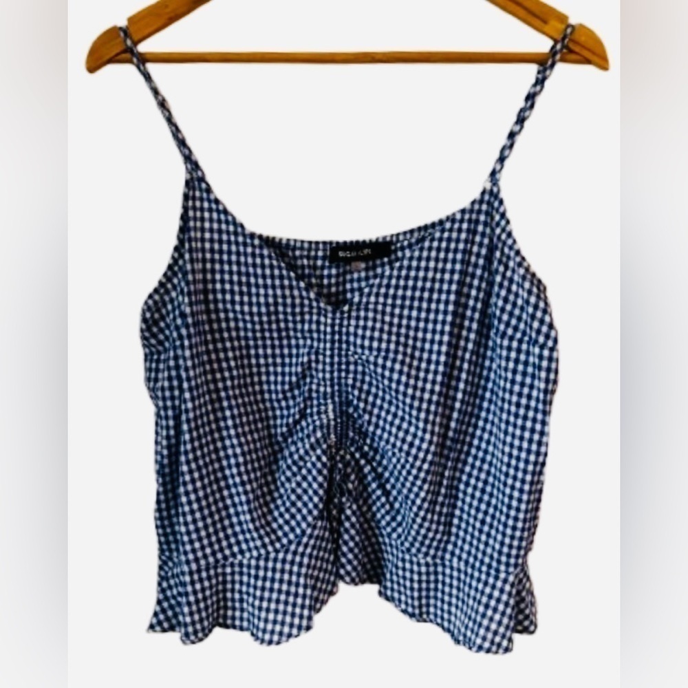 Sugarlips nvy&wht  gnghm frnt rouched babydll crp tp w ruffl hem SZ L pinup girl